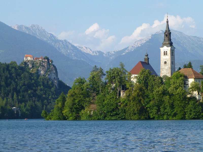 Island in middle of Lake Bled Triglav National Park Slovenia