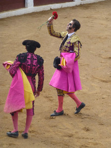 Matador receiving flowers from crowd at Bull Fight at Guijuelo central Spain 18 Aug 2013