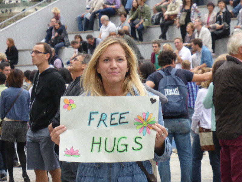 Getting free hugs in Paris France