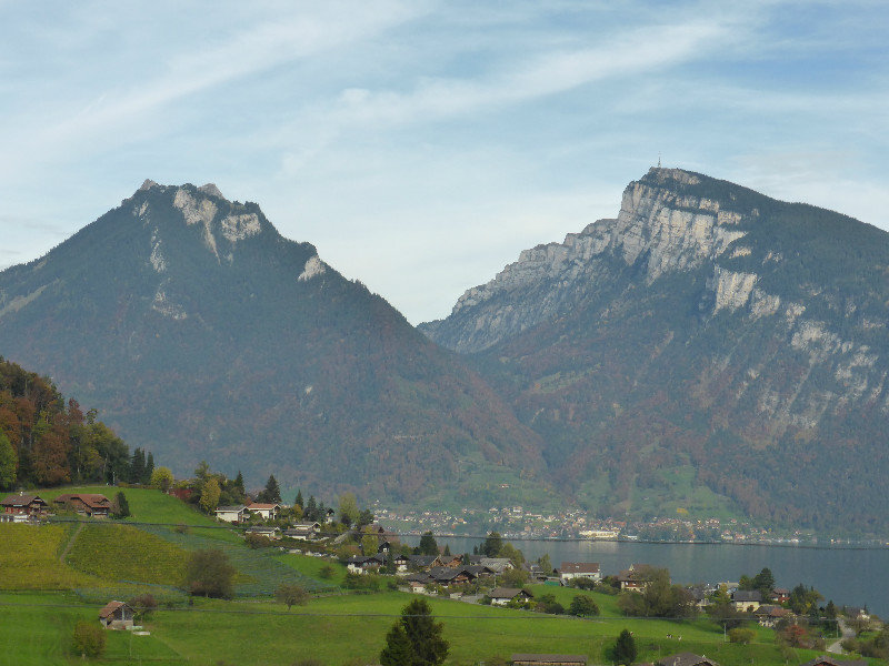 Looking from Lake Thunersee near Interlaken towards Jungfrau 4158m Switzerland 25 Oct 2013