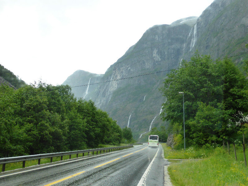 Road from Voss to Flam - many waterfalls and raging rivers in between tall mountains (2)