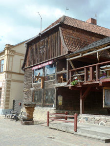 Kuldiga western Latvia - ols wooden building where we had coffee
