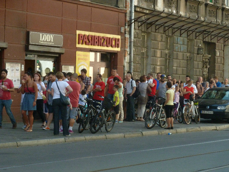 Krakaw Poland - people lining up to buy special icecreams - the lineof people never ended