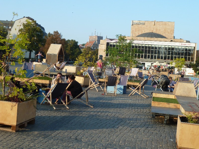 Gdansk in north Poland coast - people sitting in deck chairs in the sun
