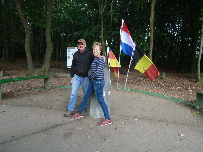 Three countries border - Germany Netherlands and Belgium - Pam and Tom standing in all 3 countries