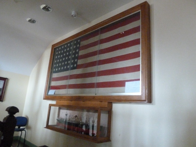Omaha Beaches Normandy France - Sainte-Mere-Eglise Town Hall foyer - the flag hoisted after town was Liberated
