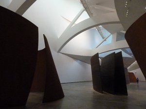 Bilbao in northern Spain - Guggenheim Museum - massive wooden and steel art works on 1st level (2)