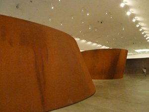 Bilbao in northern Spain - Guggenheim Museum - massive wooden and steel art works on 1st level (3)