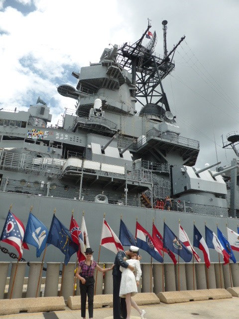 Pam out front of the USS Missouri at Pearl Harbour