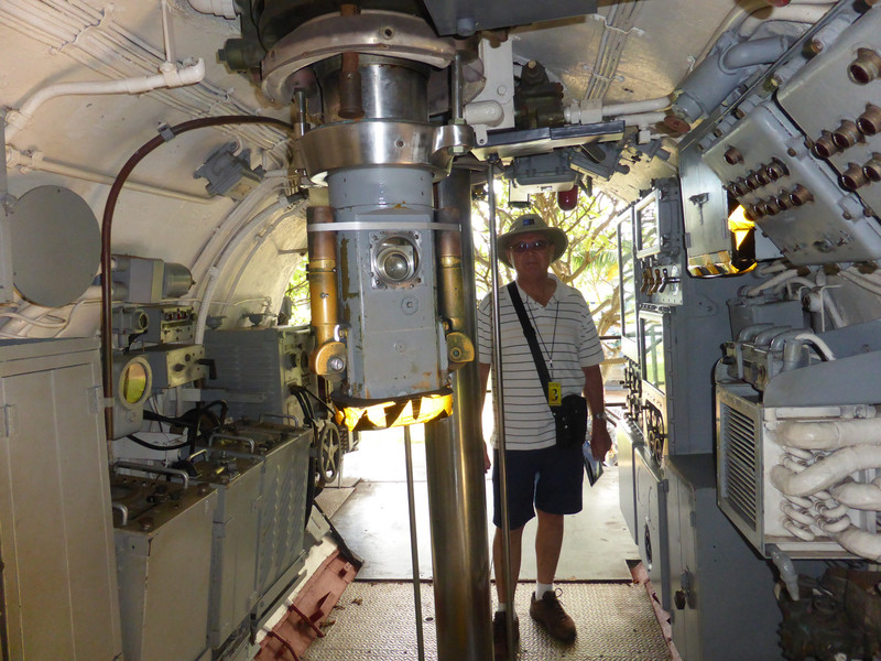 Tom inside the part of a submarine near the USS Bowfin Museum at Pearl Harbour