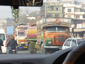 Many trucks lining up to get diesal in Pokhara Nepal