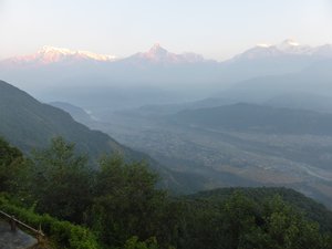 Sunrise on the Himalayan Range from Sarangkot looking down towards Pokhara 1 Dec 2015