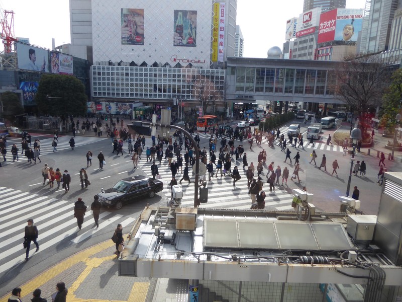 Busy intersection from Starbucks in Shibuya