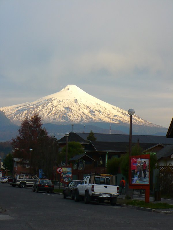 Mount Villarrica, the volcano we climbed, looming above Pucon