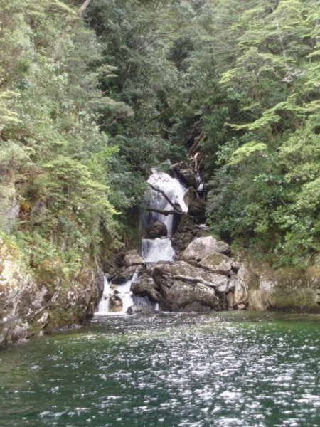 A waterfall on one of the many rocky islets in the lake