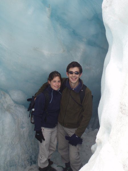 In a crevasse - the ice is so tighly compacted it appears blue