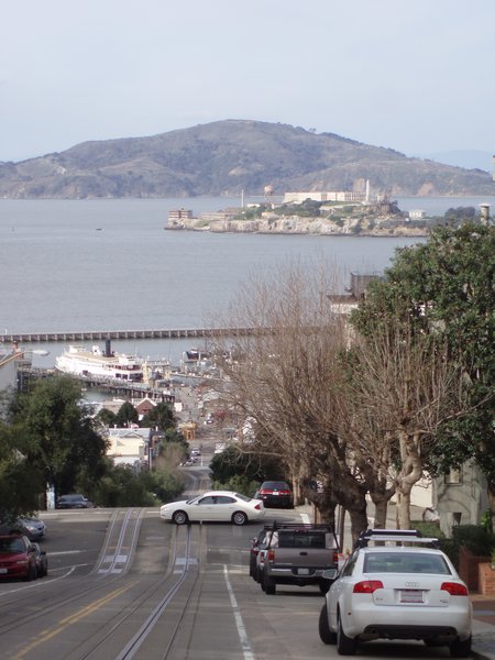 Steep street and Alcatraz in the distance