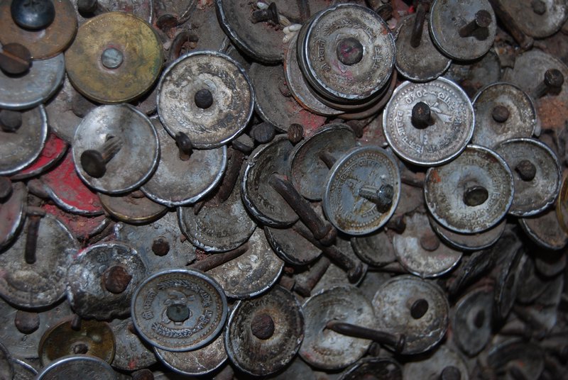 Coins nailed to a ancient tree stump