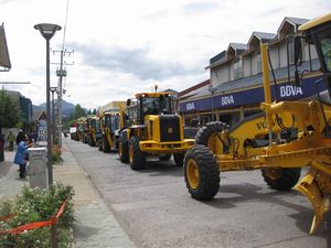 BIzarre JCB parade in Coyhaique...