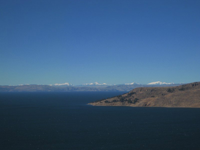 Snowy cordillera on the horizon, Lake Titicaca