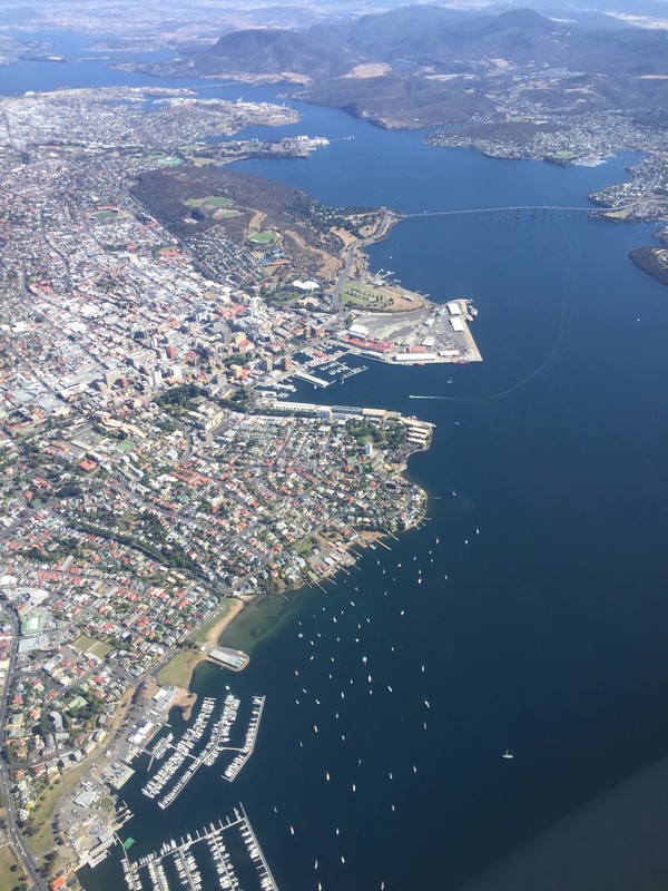 Take-off out of Cambridge, flying over Hobart CBD
