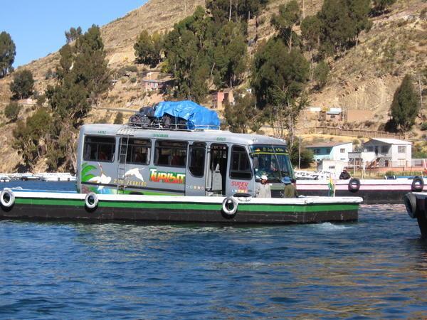 Bus crossing Lake Titicaca