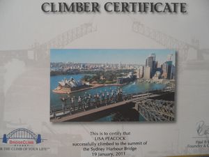 Lisa's bridge climb certificate