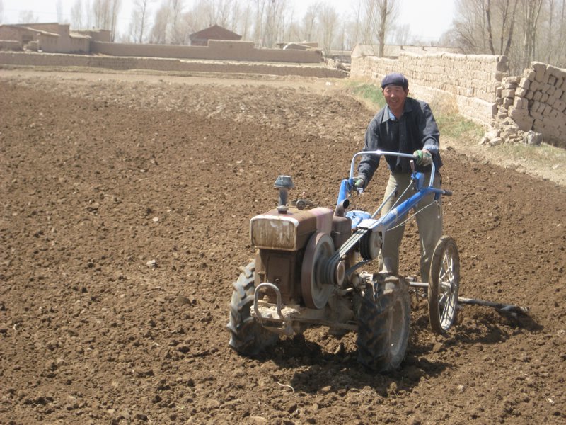 farmer with trad. walking tractor