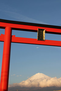 Torii, Japanese Temple gate with Mount Fuji on background