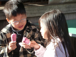 Brother and sister enjoying ice cream at Chiyoda, Tokyo