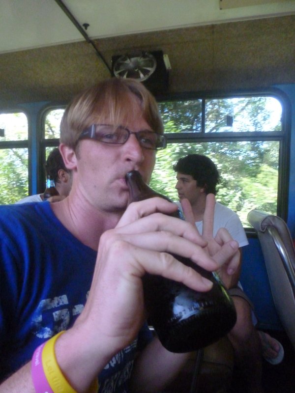 Nimbin - Enjoying a beer on the bus