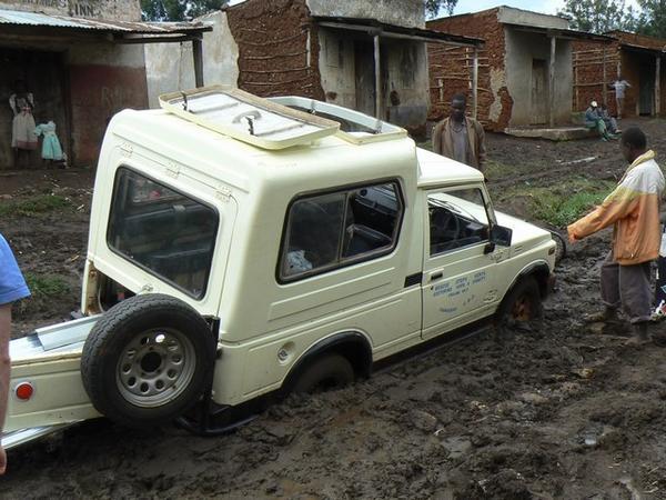 Jeep getting stuck in the mud at Mt Elgon 