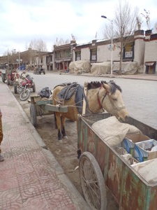 A Tibetan street with horse and cart.