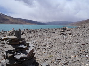 The stone piles by the huge lake.