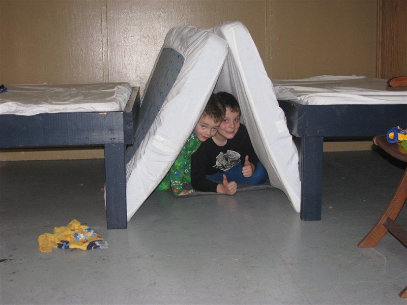 Making tents in the cabin