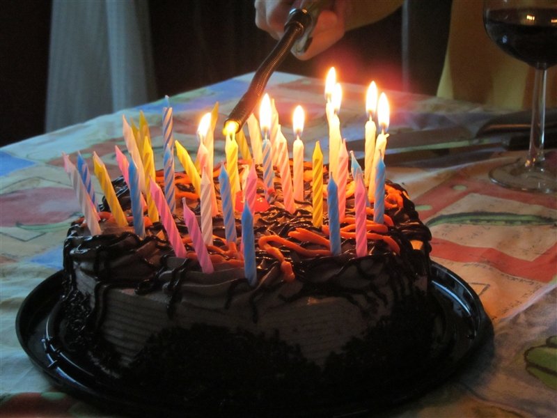 flaming birthday cake