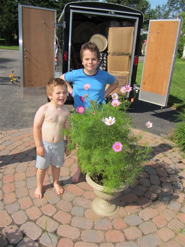 The boys with the Cosmos flowers we had grown from seed.