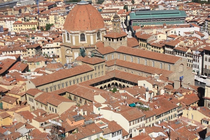view down on the red roofs of Florence from the tower.