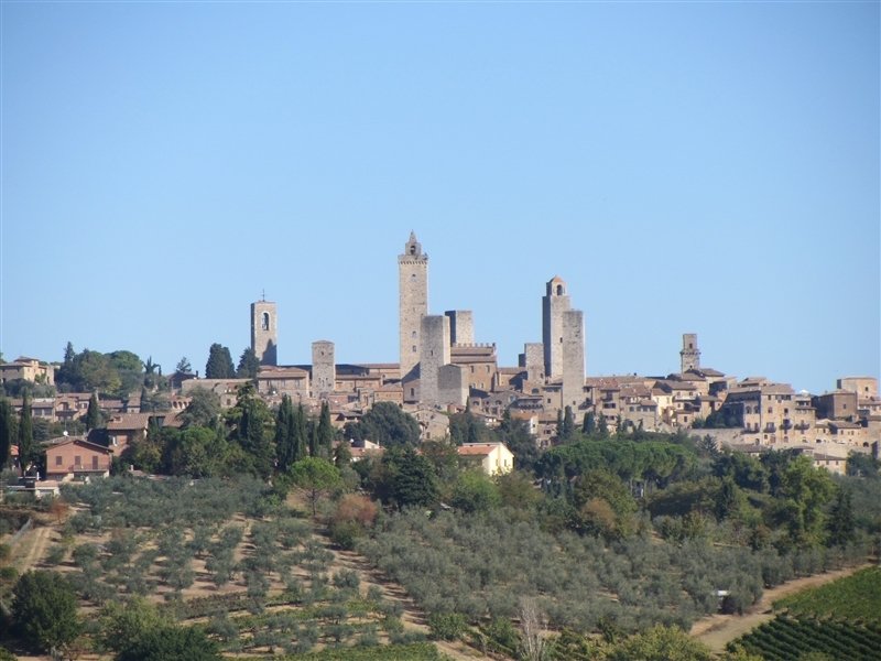 View of the towered city of San Gimignano from the farm.