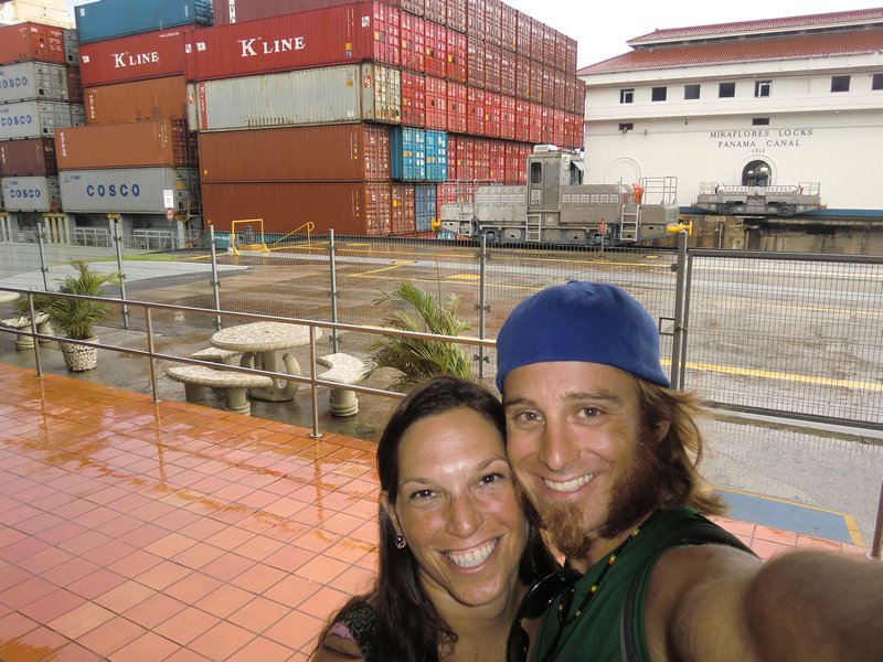 At the Miraflores Locks as a huge container ship passes through.