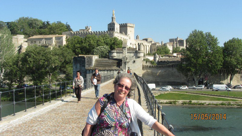 Dreadful photo of me on Avignon Bridge - in the wind!!