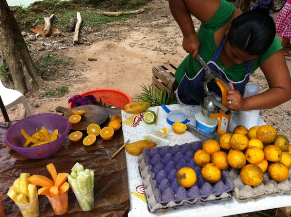 A lady making us orange juice