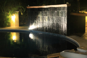 Waterfalls/pool at night