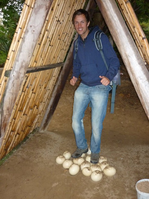 me standing on ostrich eggs at Cango Ostrich Farm Oudtshoorn