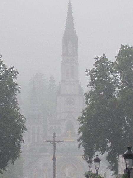 A very wet view of the church at Lourdes