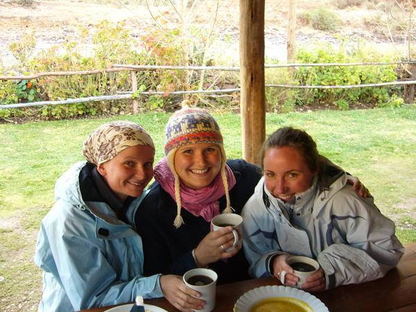 Cold girls with the tea and coffee after rafting!