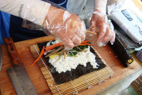 Gimbap, my lunch for the hike being prepared