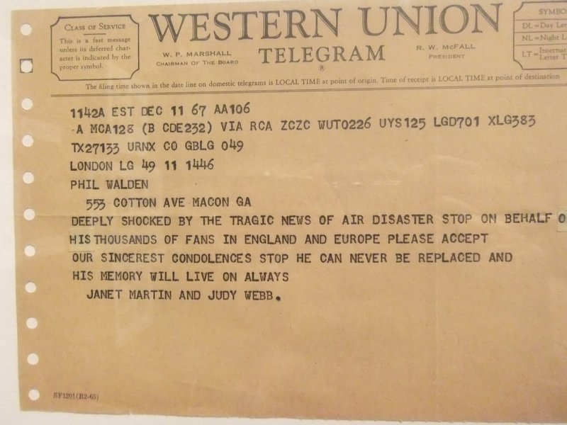 telegram from UK fans after Otis' Redding's death