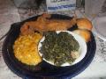 catfish, turnip greens, broccoli and cheese and biscuits
