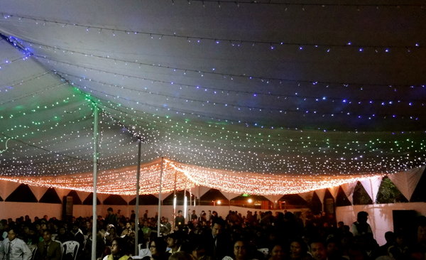The decorated outdoor tent for the reception